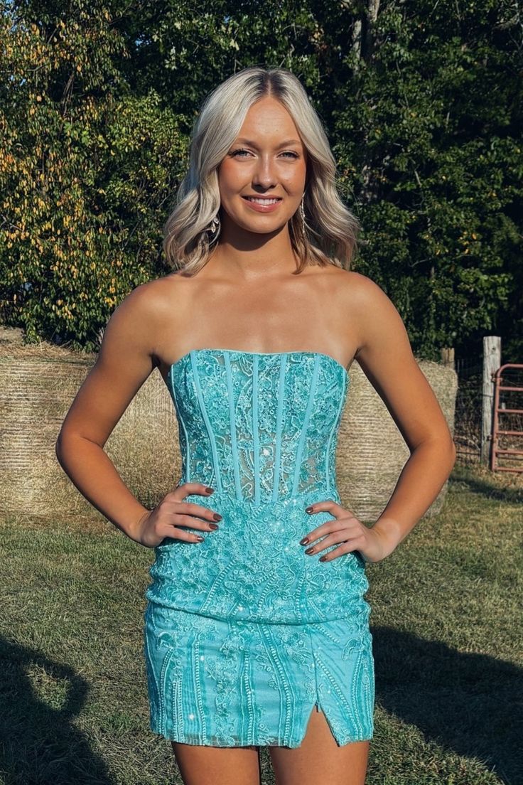 Strapless Blue Appliques Bodycon Short Dress - Image 3