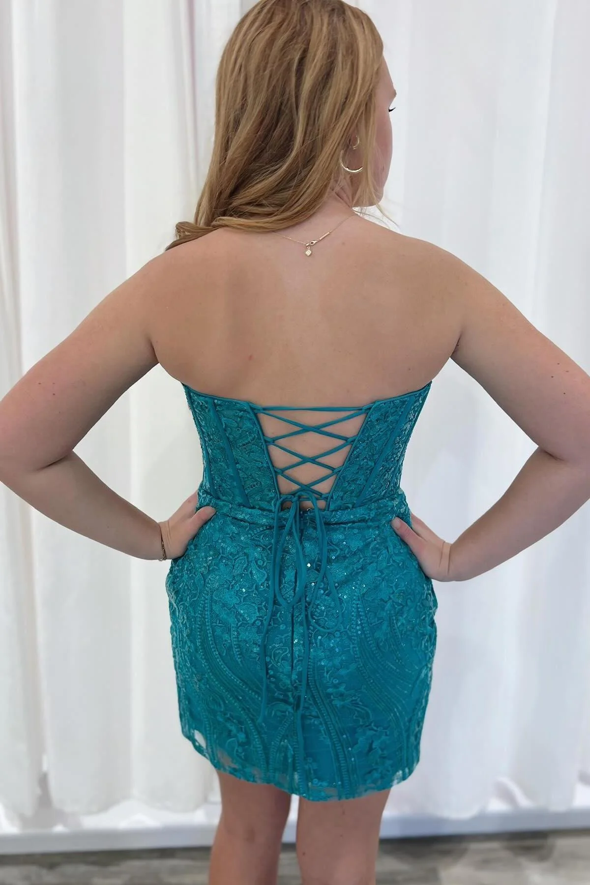 Strapless Blue Appliques Bodycon Short Dress - Image 6