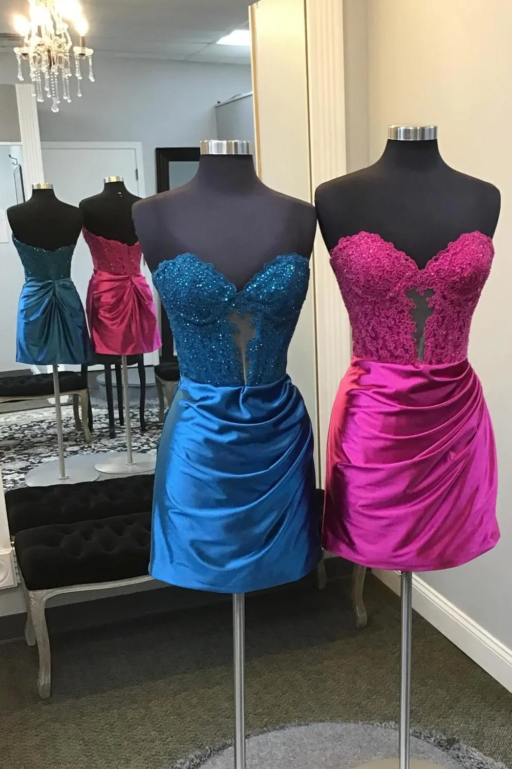 Strapless Blue Appliques Ruched Bodycon Short Dress - Image 3
