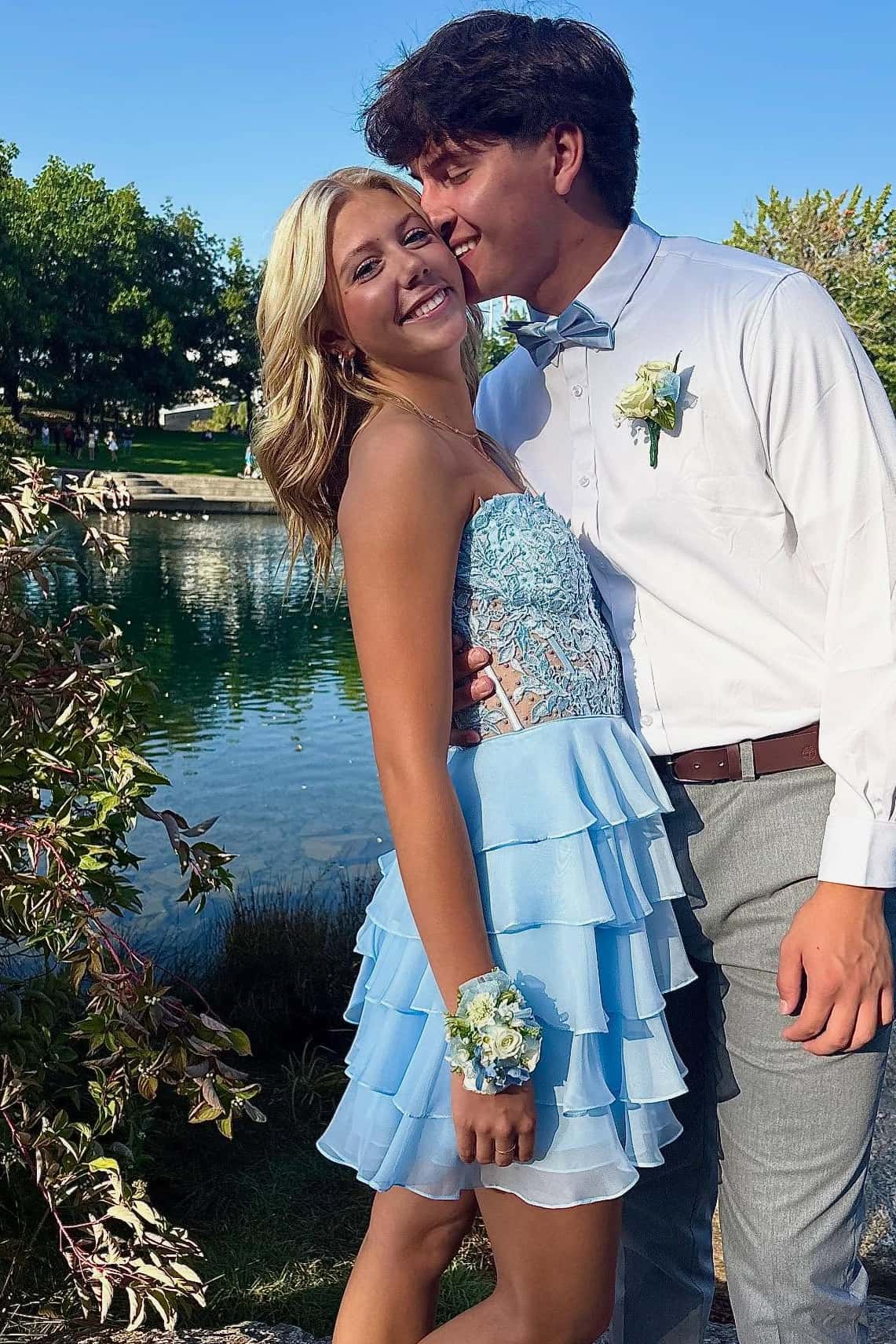 Strapless Blue Appliques Tiered A-line Short Dress - Image 2
