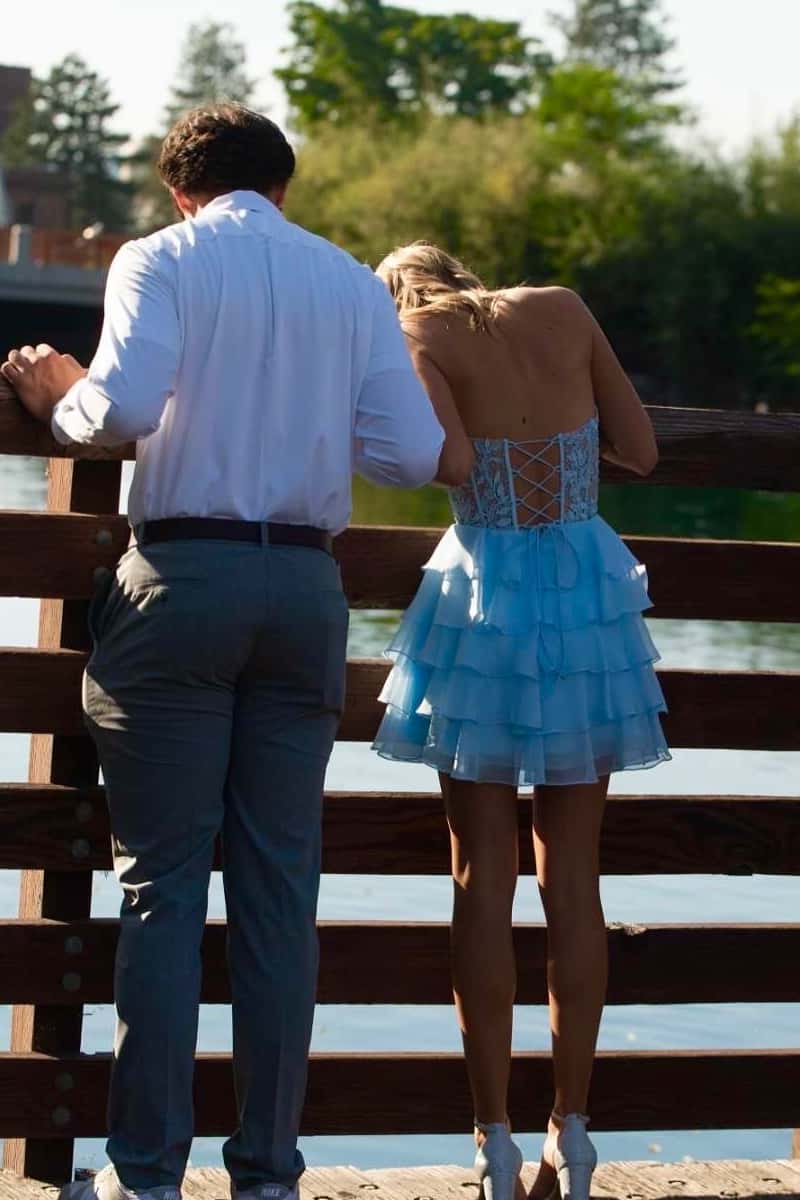 Strapless Blue Appliques Tiered A-line Short Dress - Image 3