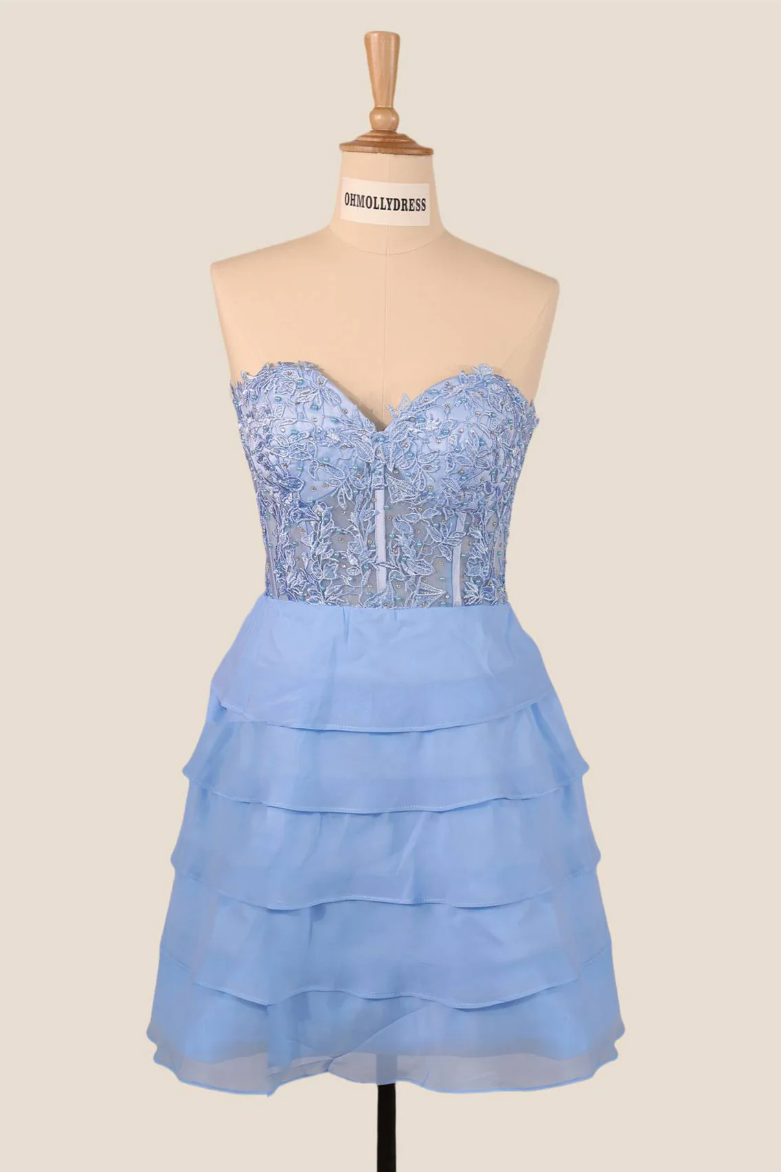 Strapless Blue Appliques Tiered A-line Short Dress - Image 4