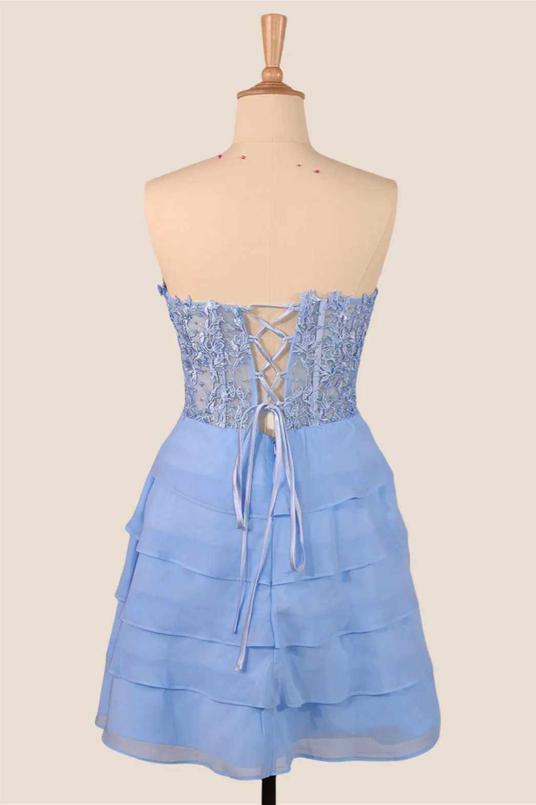 Strapless Blue Appliques Tiered A-line Short Dress - Image 5