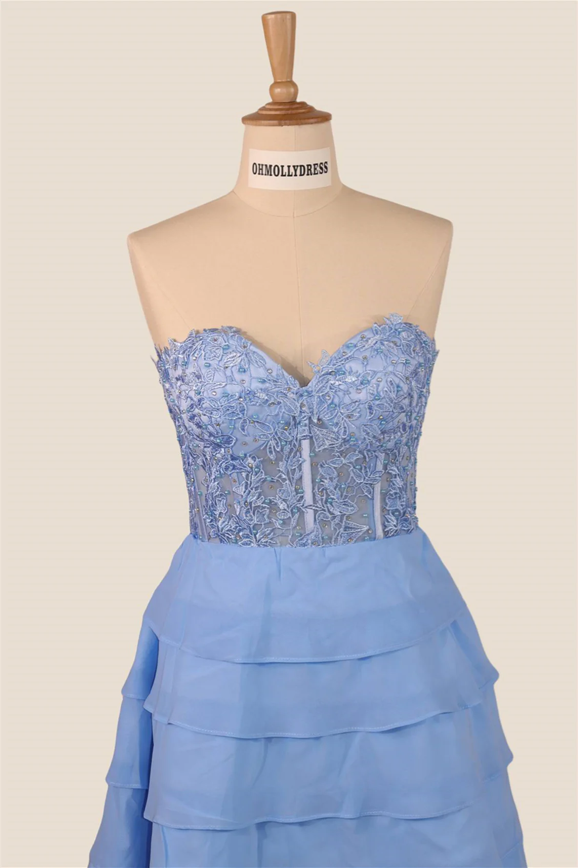 Strapless Blue Appliques Tiered A-line Short Dress - Image 6