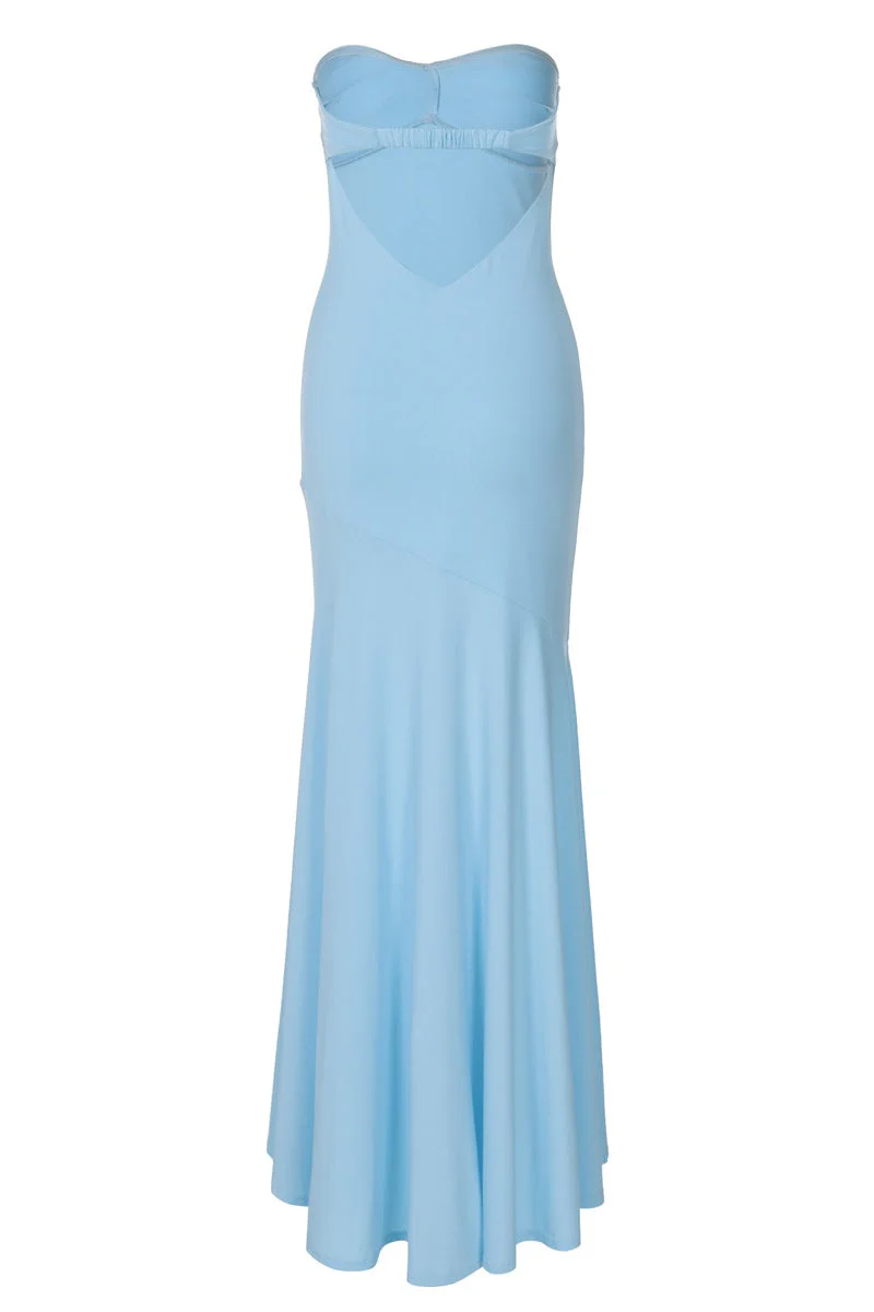 Strapless Blue Fitted Long Maxi Dress - Image 3