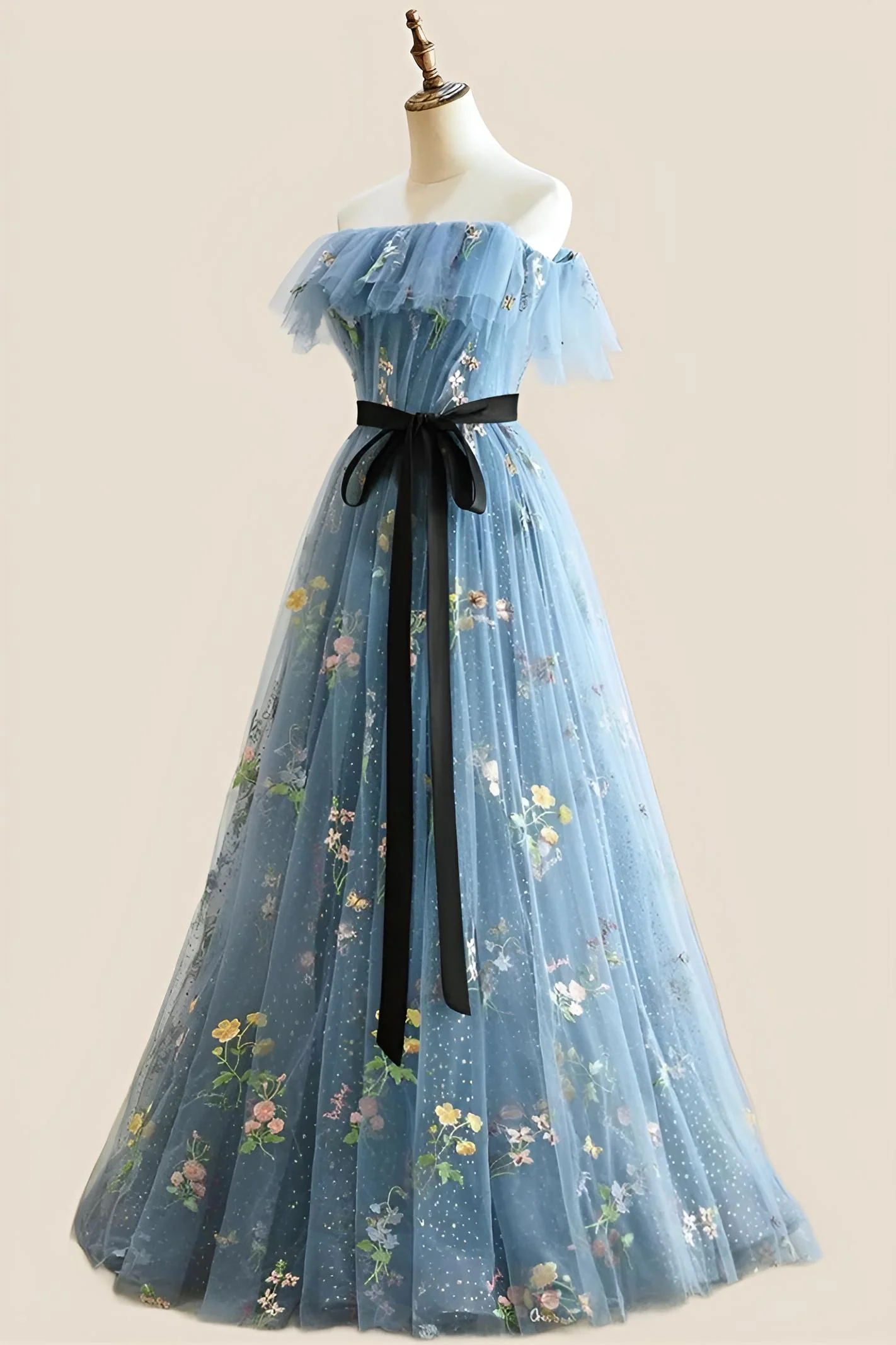 Strapless Blue Floral Fairytale A-line Long Princess Dress - Image 3