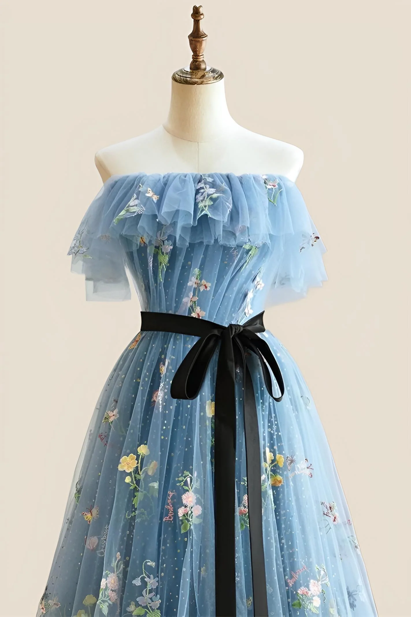 Strapless Blue Floral Fairytale A-line Long Princess Dress - Image 4