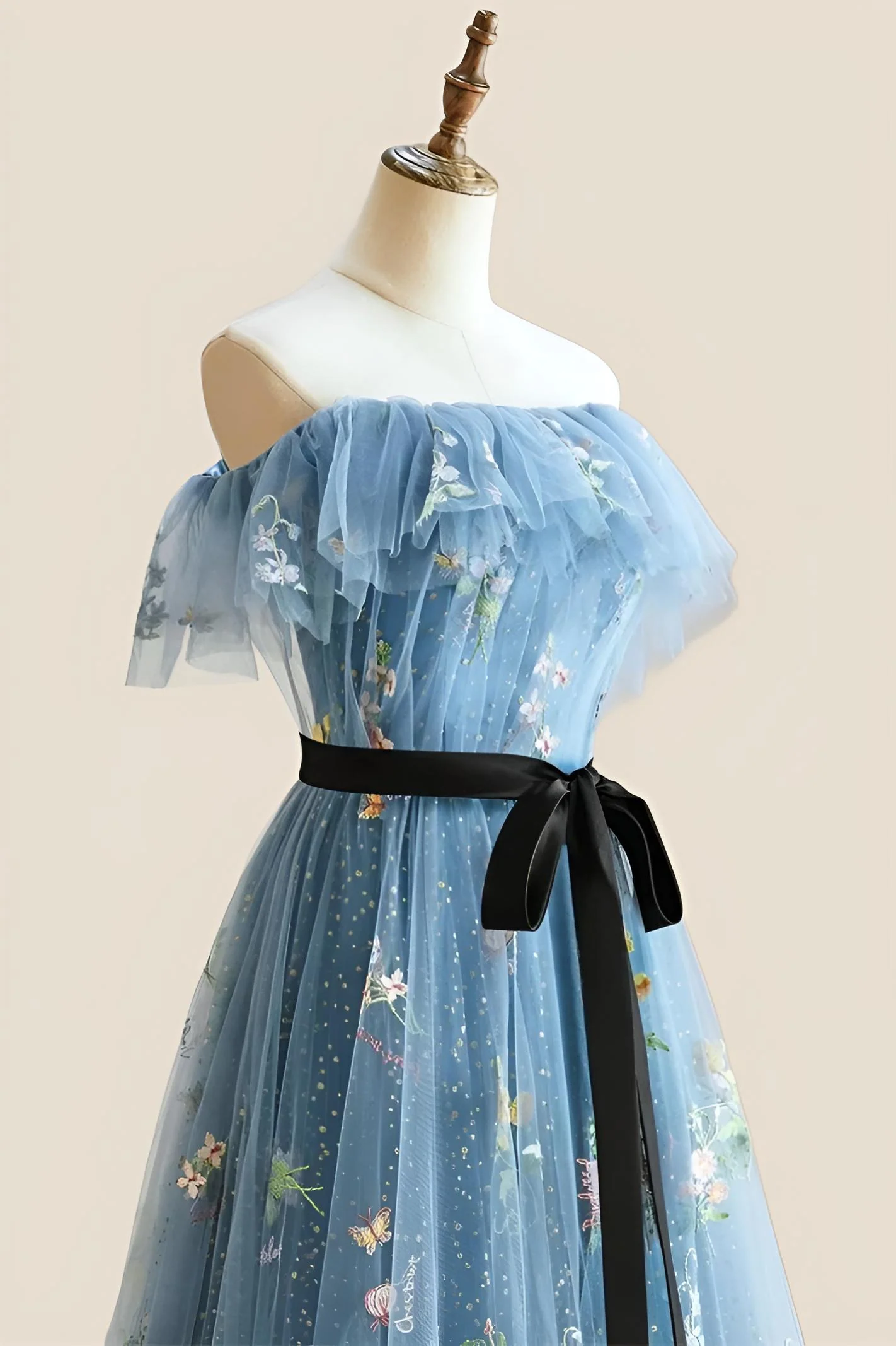 Strapless Blue Floral Fairytale A-line Long Princess Dress - Image 5