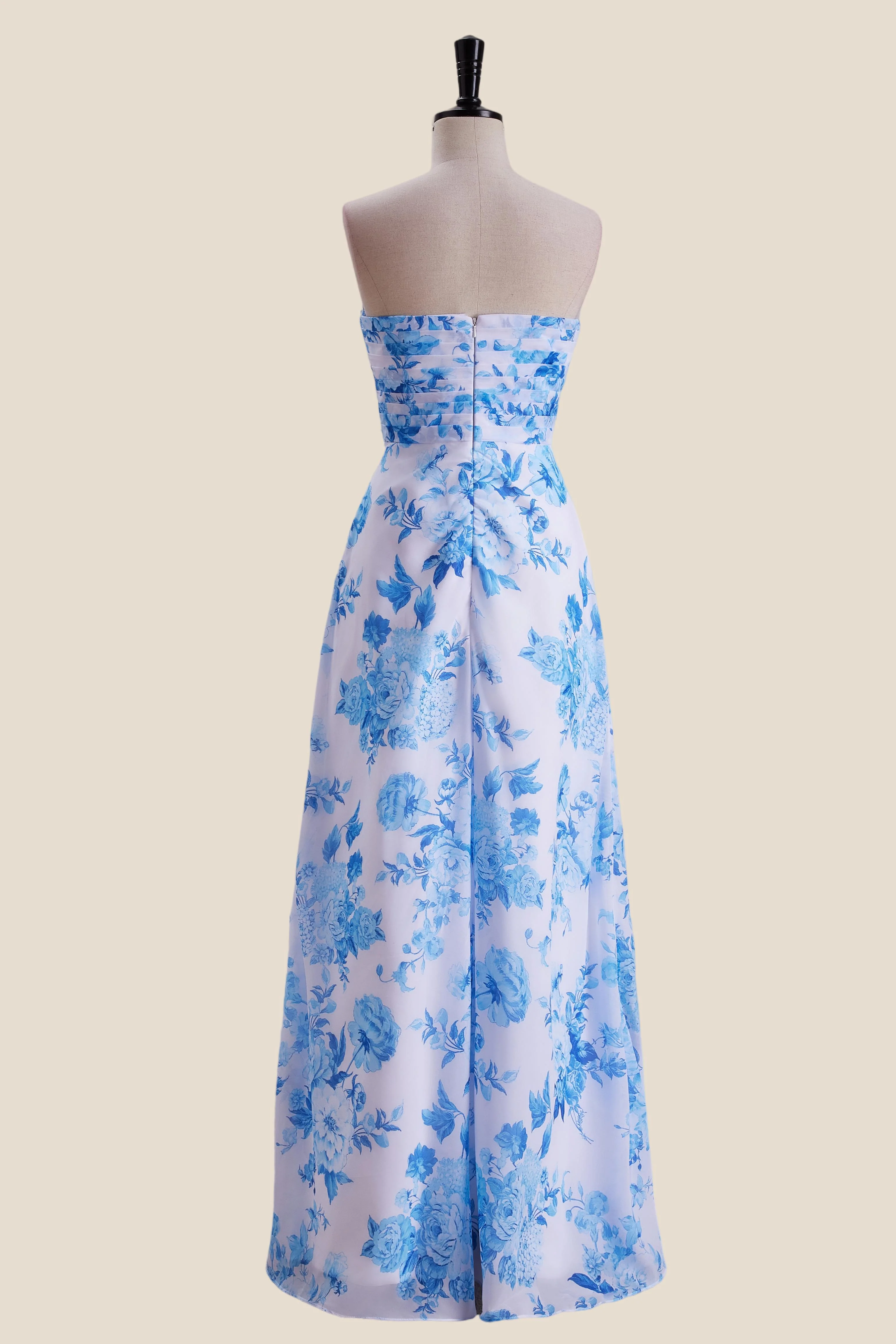 Strapless Blue Floral Print Pleated Long Dress - Image 2