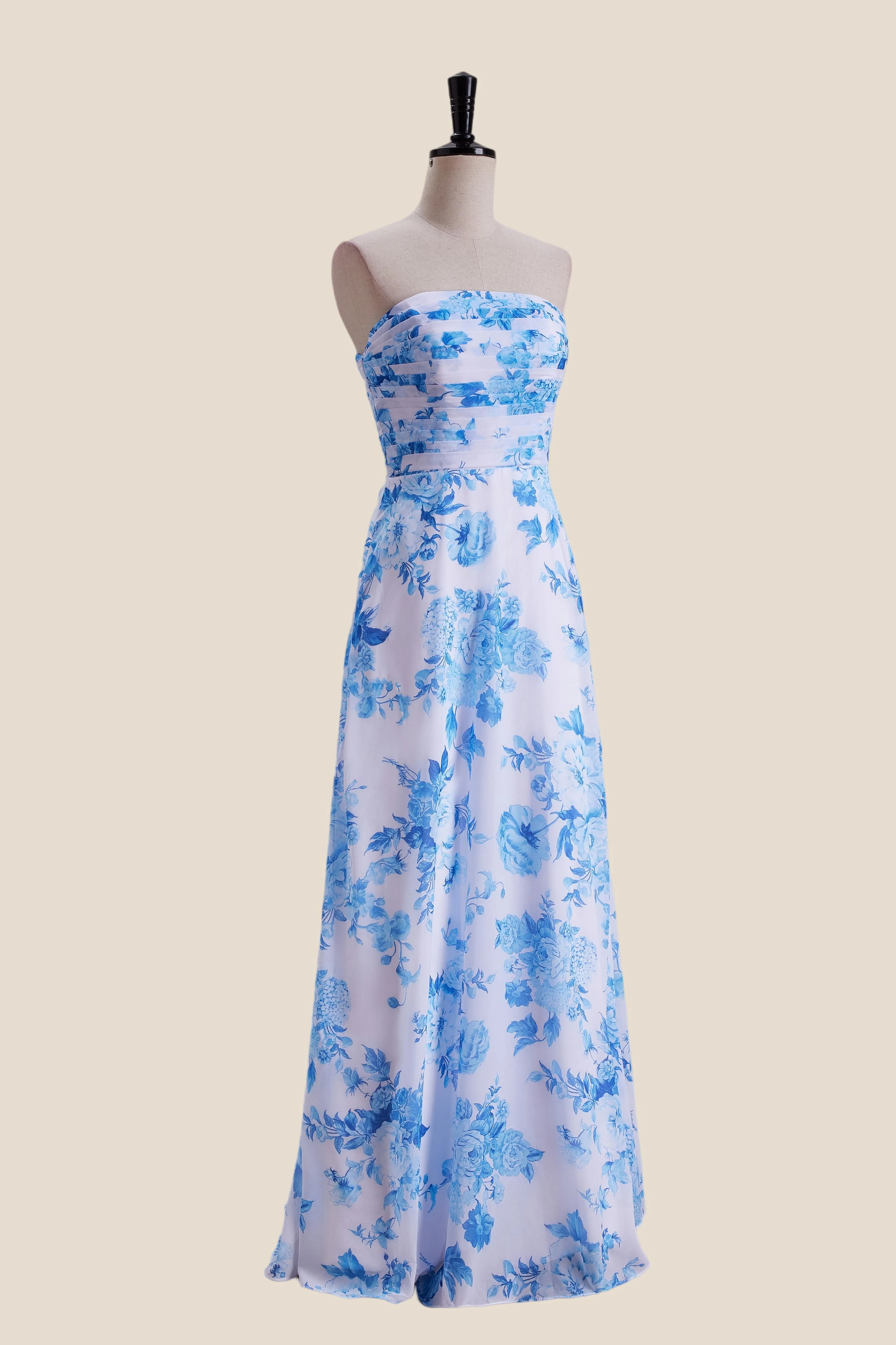 Strapless Blue Floral Print Pleated Long Dress - Image 3