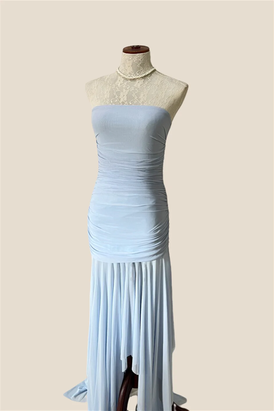 Strapless Blue Irregular Hem Ruched Long Dress - Image 3