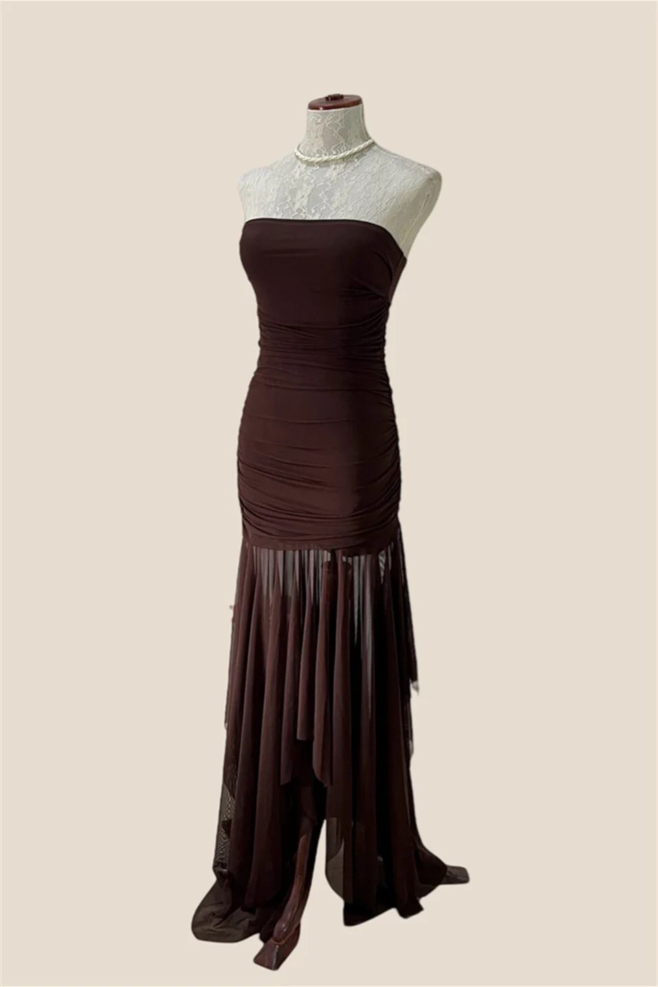 Strapless Blue Irregular Hem Ruched Long Dress - Image 4