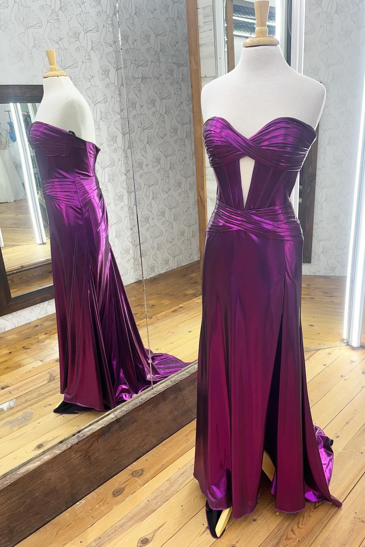 Strapless Blue Metallic Long Dress with Keyhole - Image 3