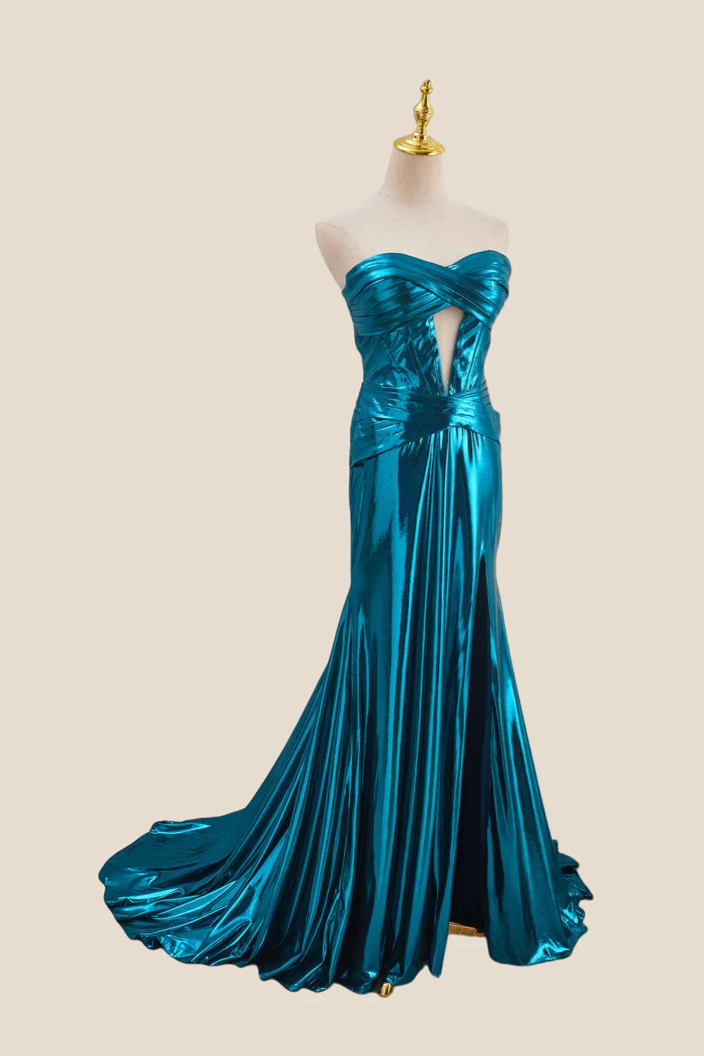 Strapless Blue Metallic Long Dress with Keyhole - Image 7