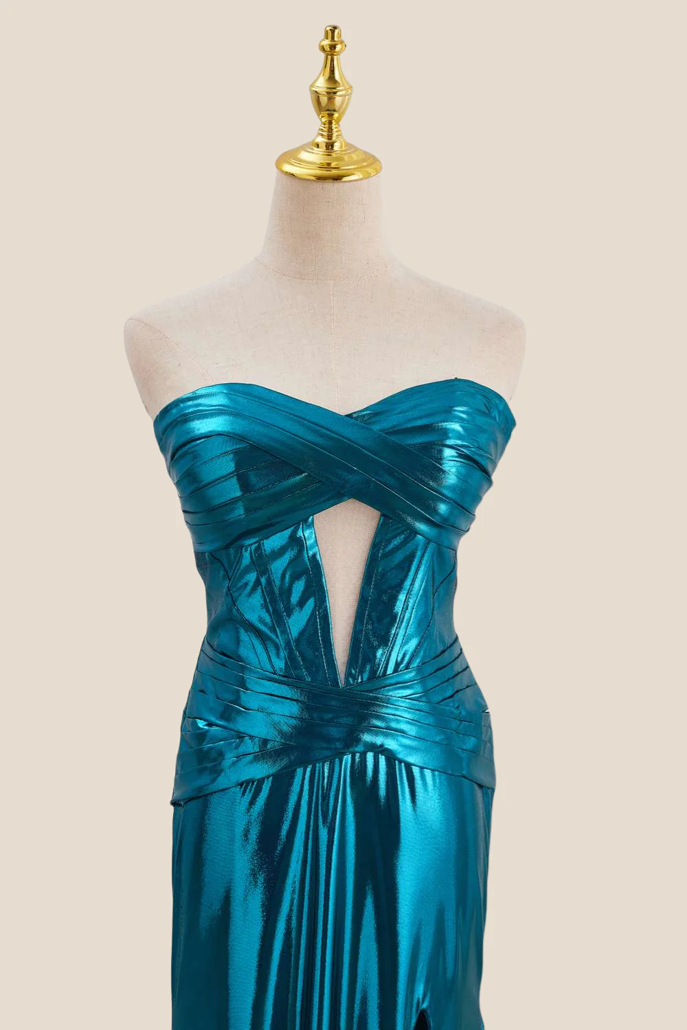 Strapless Blue Metallic Long Dress with Keyhole - Image 8