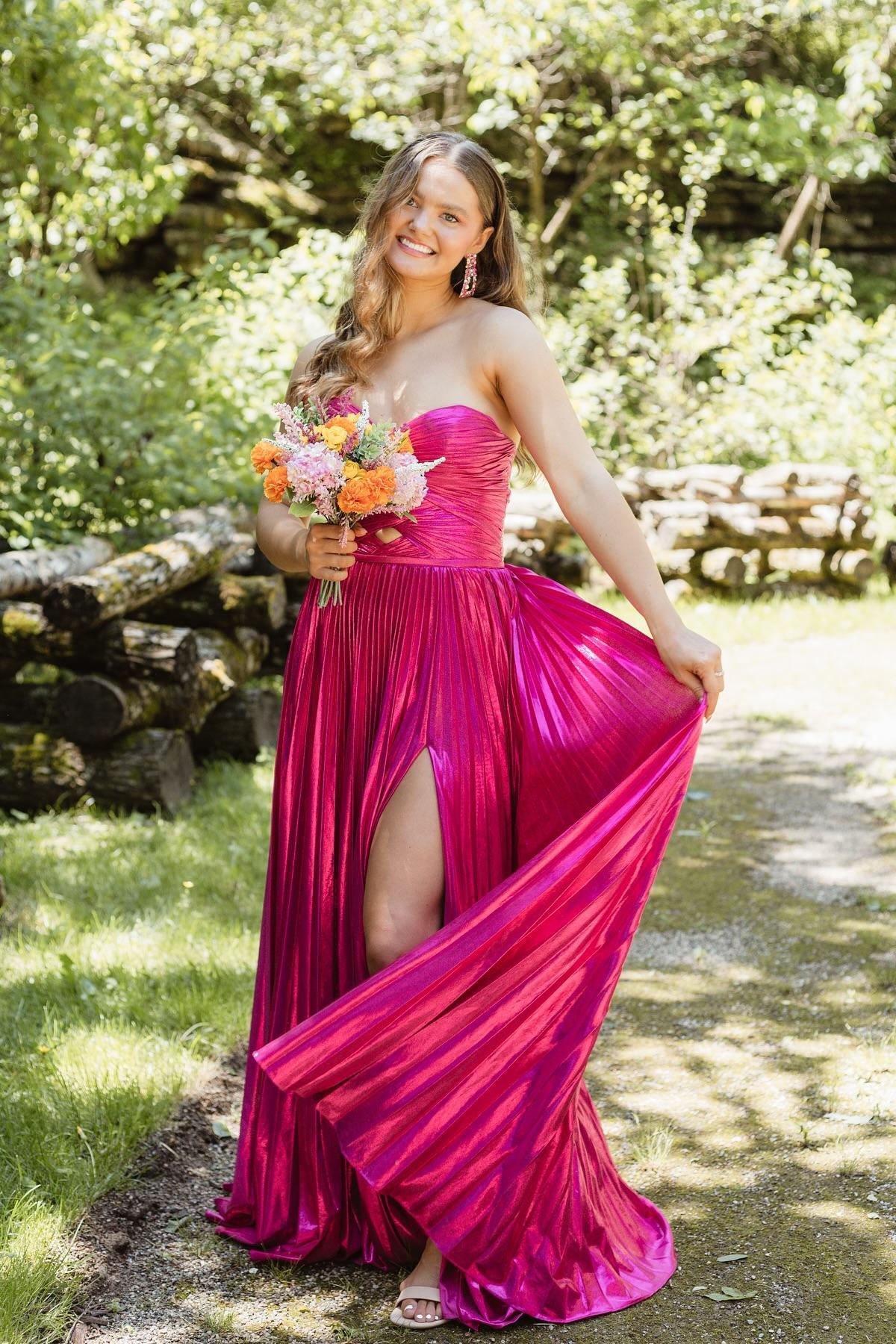 Strapless Blue Pleated Metallic Long Dress - Image 4