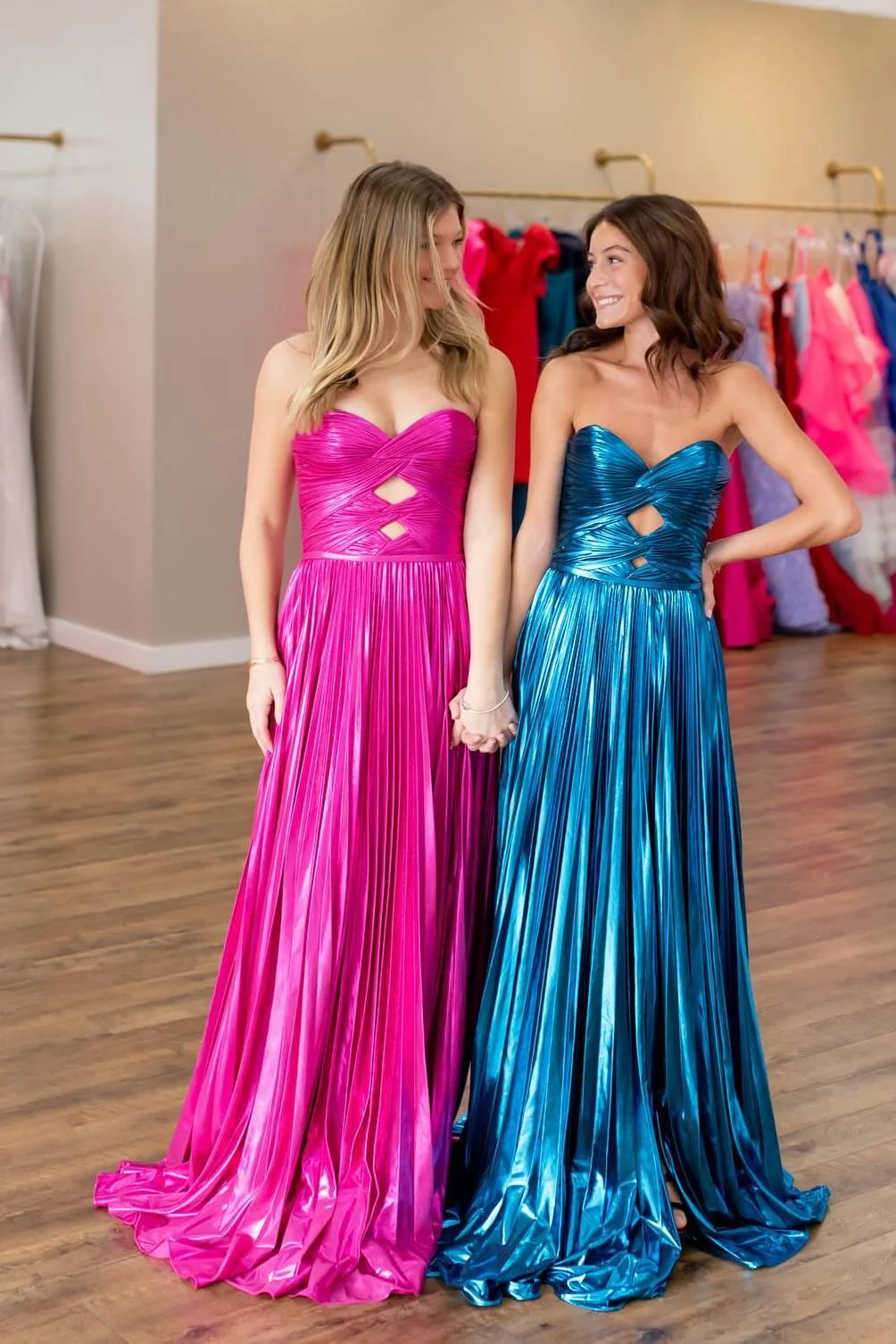 Strapless Blue Pleated Metallic Long Dress - Image 6
