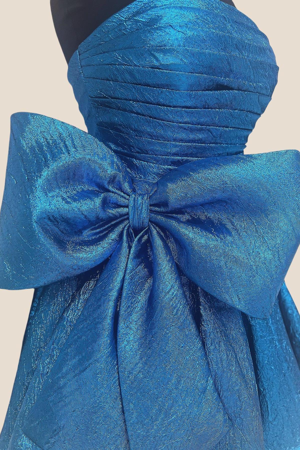 Strapless Blue Ruched Short Dress with Bow - Image 2