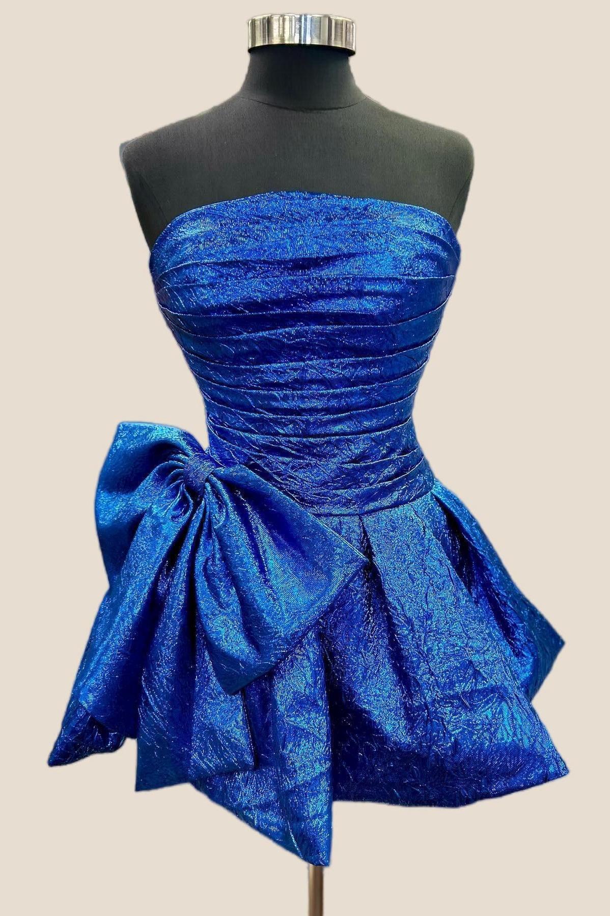 Strapless Blue Ruched Short Dress with Bow - Image 3