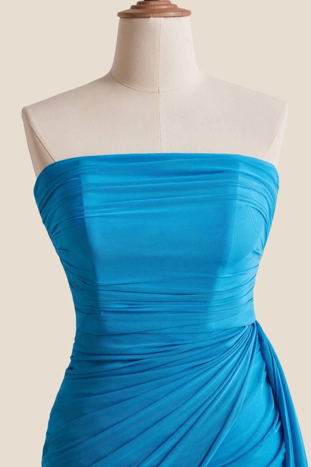 Strapless Blue Tight Short Dress with Train - Image 7