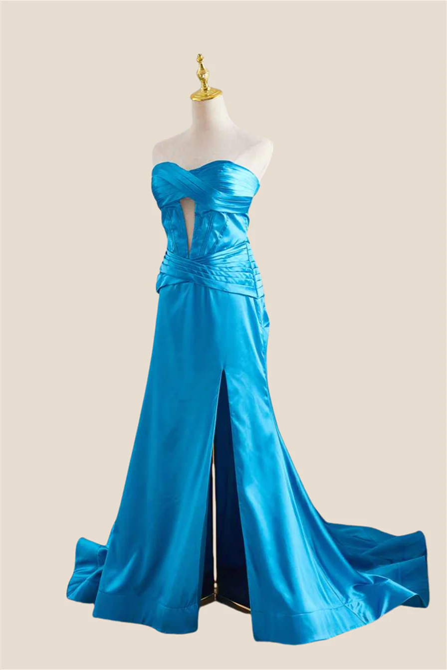 Strapless Blue Twist A-line Satin Long Dress - Image 3
