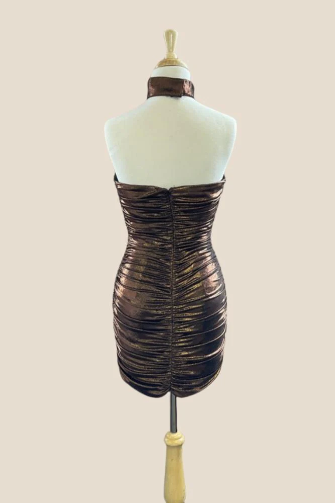 Strapless Brown Metallic Ruched Fitted Short Dress - Image 2