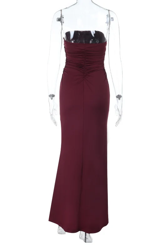Strapless Burgundy Fitted Long Dress - Image 3