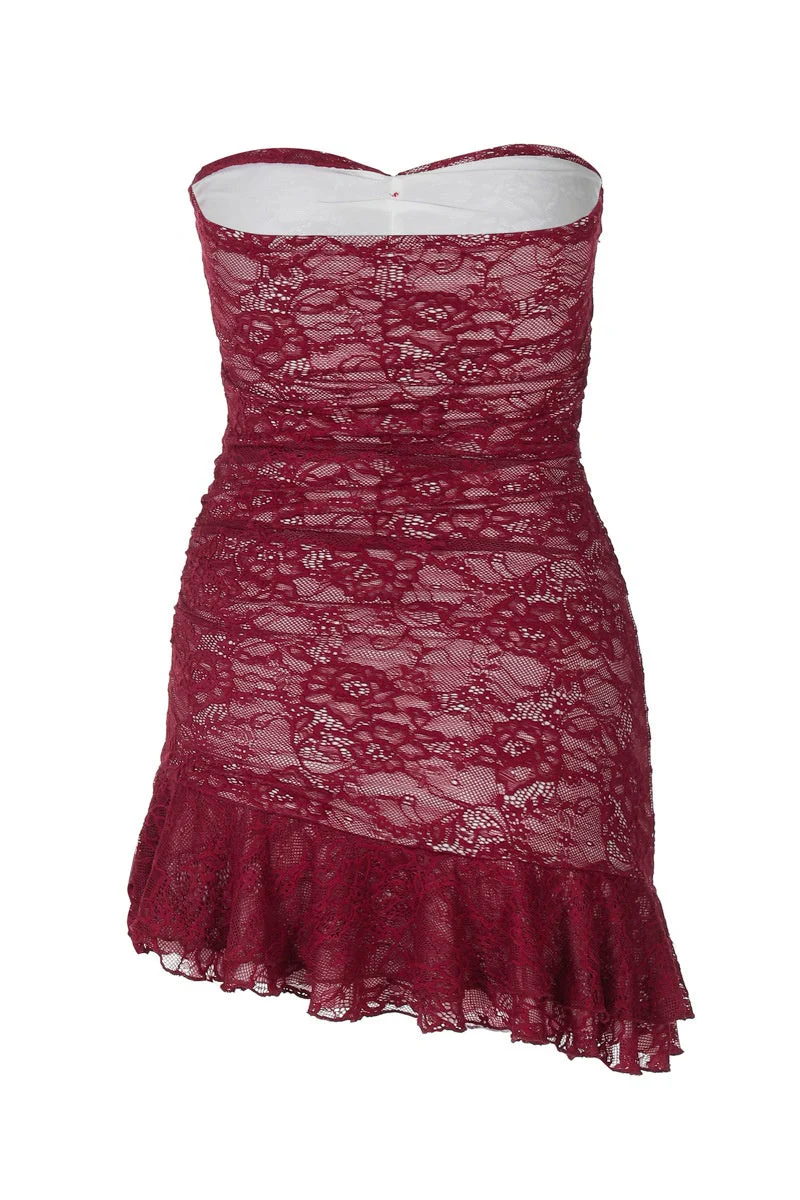 Strapless Burgundy Lace Fitted Short Dress - Image 2