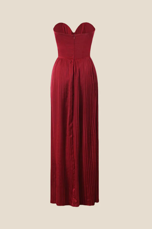 Strapless Burgundy Pleated A-line Long Dress - Image 2