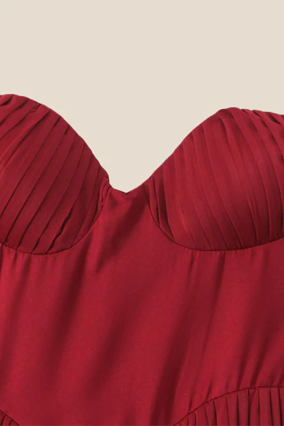 Strapless Burgundy Pleated A-line Long Dress - Image 3