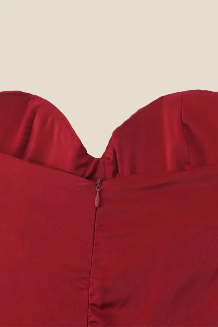 Strapless Burgundy Pleated A-line Long Dress - Image 4