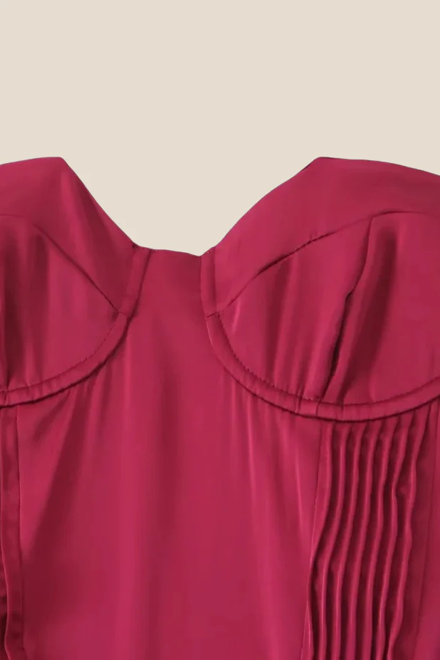 Strapless Burgundy Pleated A-line Midi Dress - Image 3