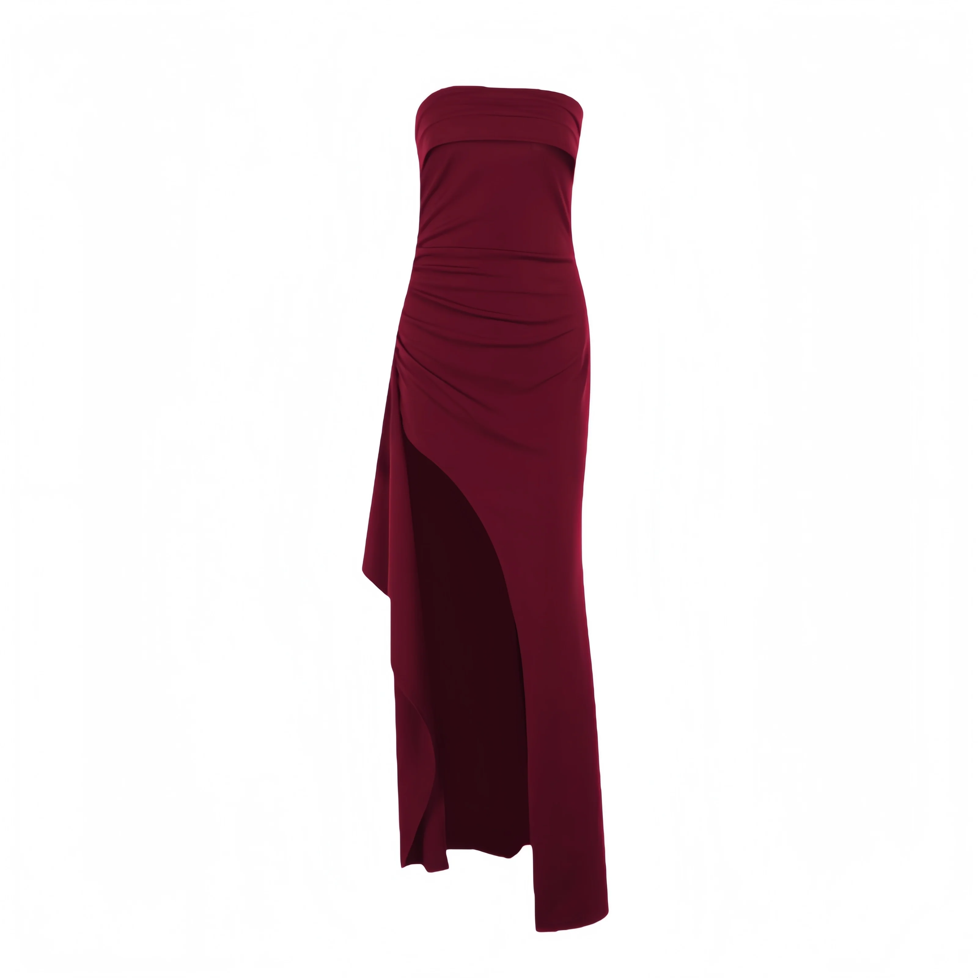 Strapless Navy Blue Pleated Long Dress with Slit - Image 14