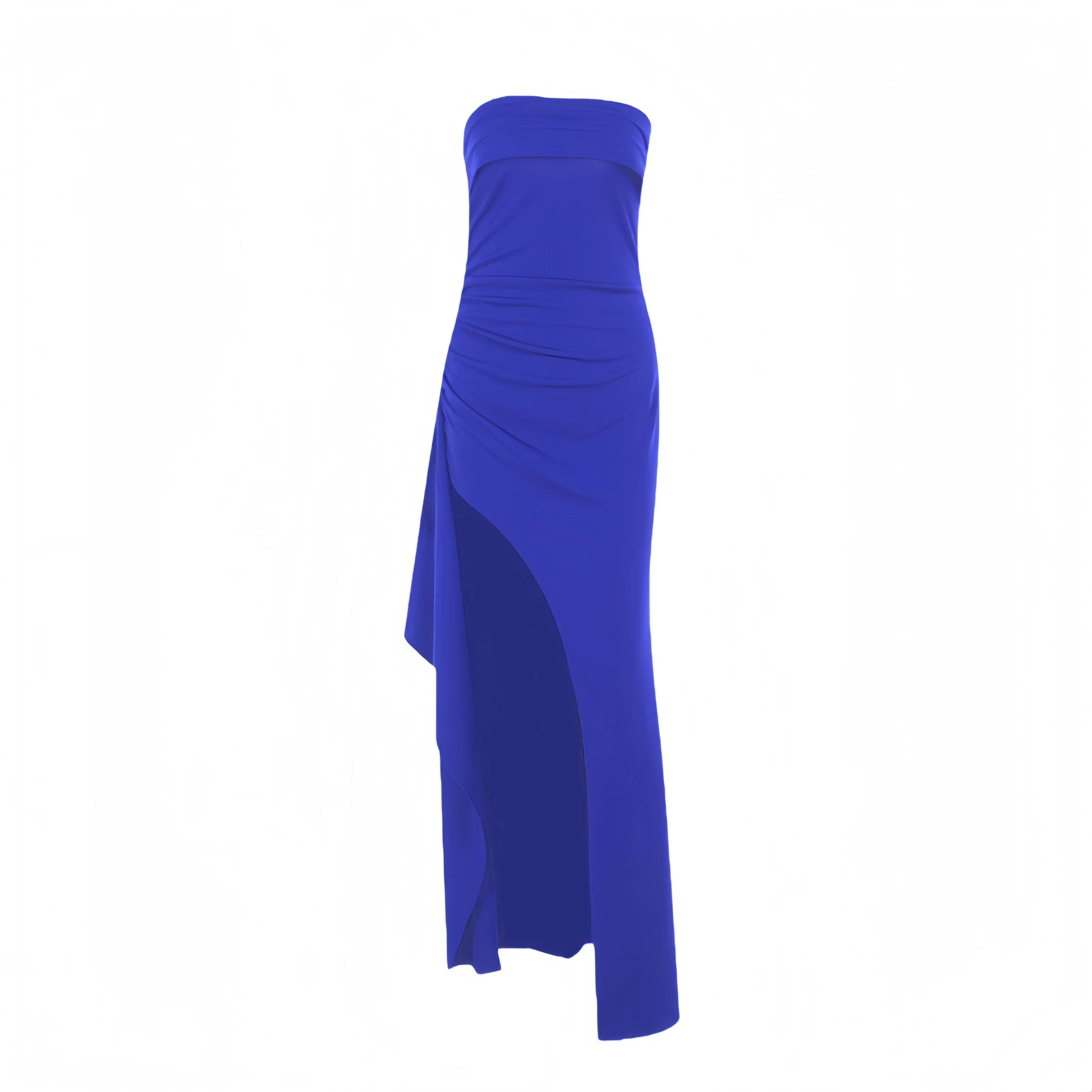 Strapless Navy Blue Pleated Long Dress with Slit - Image 13