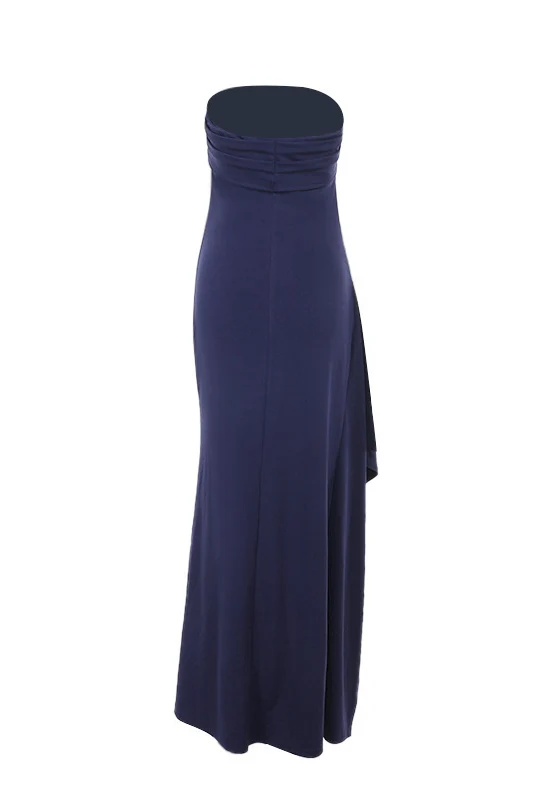 Strapless Navy Blue Pleated Long Dress with Slit - Image 2