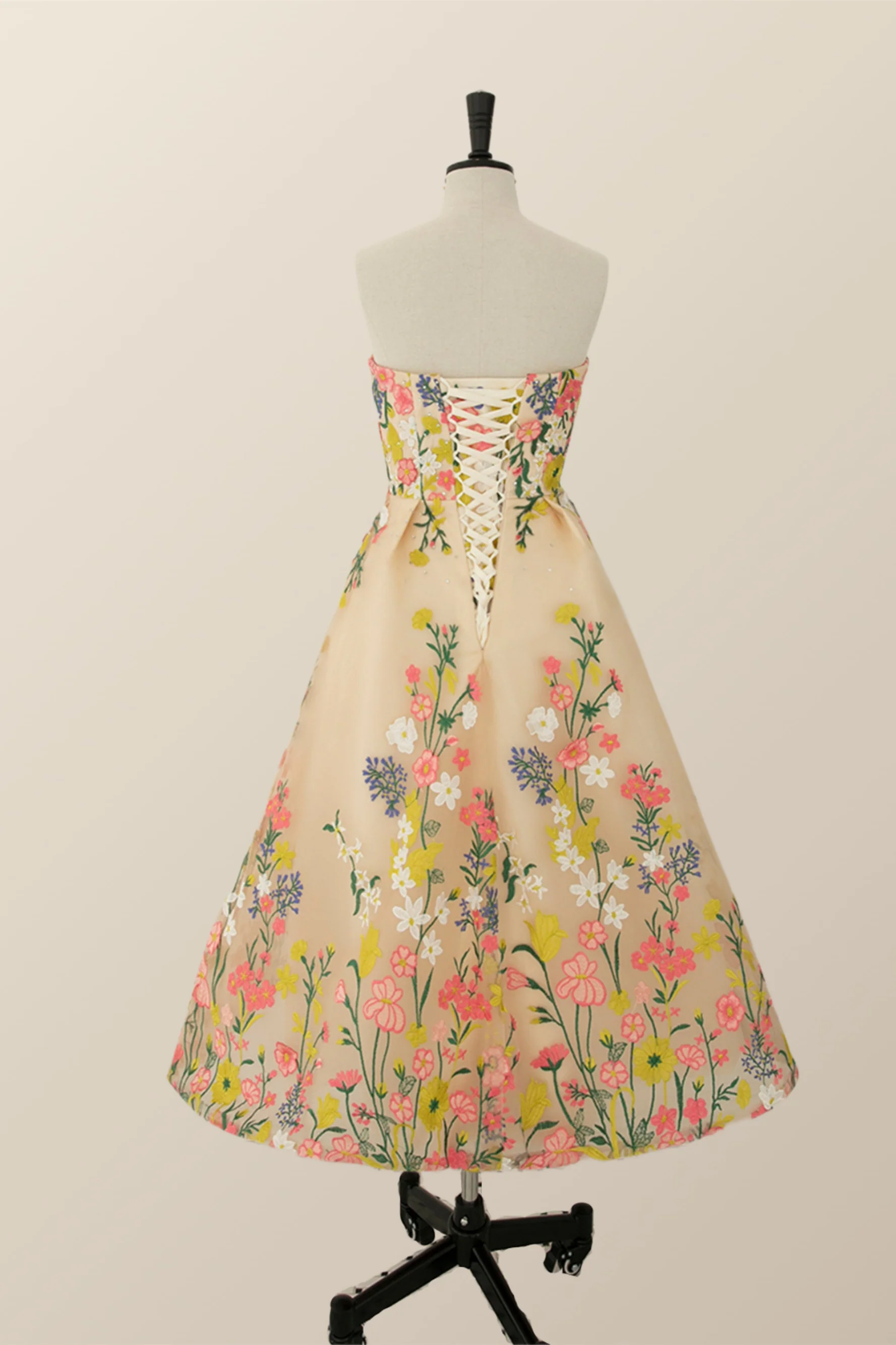 Strapless Champagne Floral A-line Tea Length Dress - Image 2