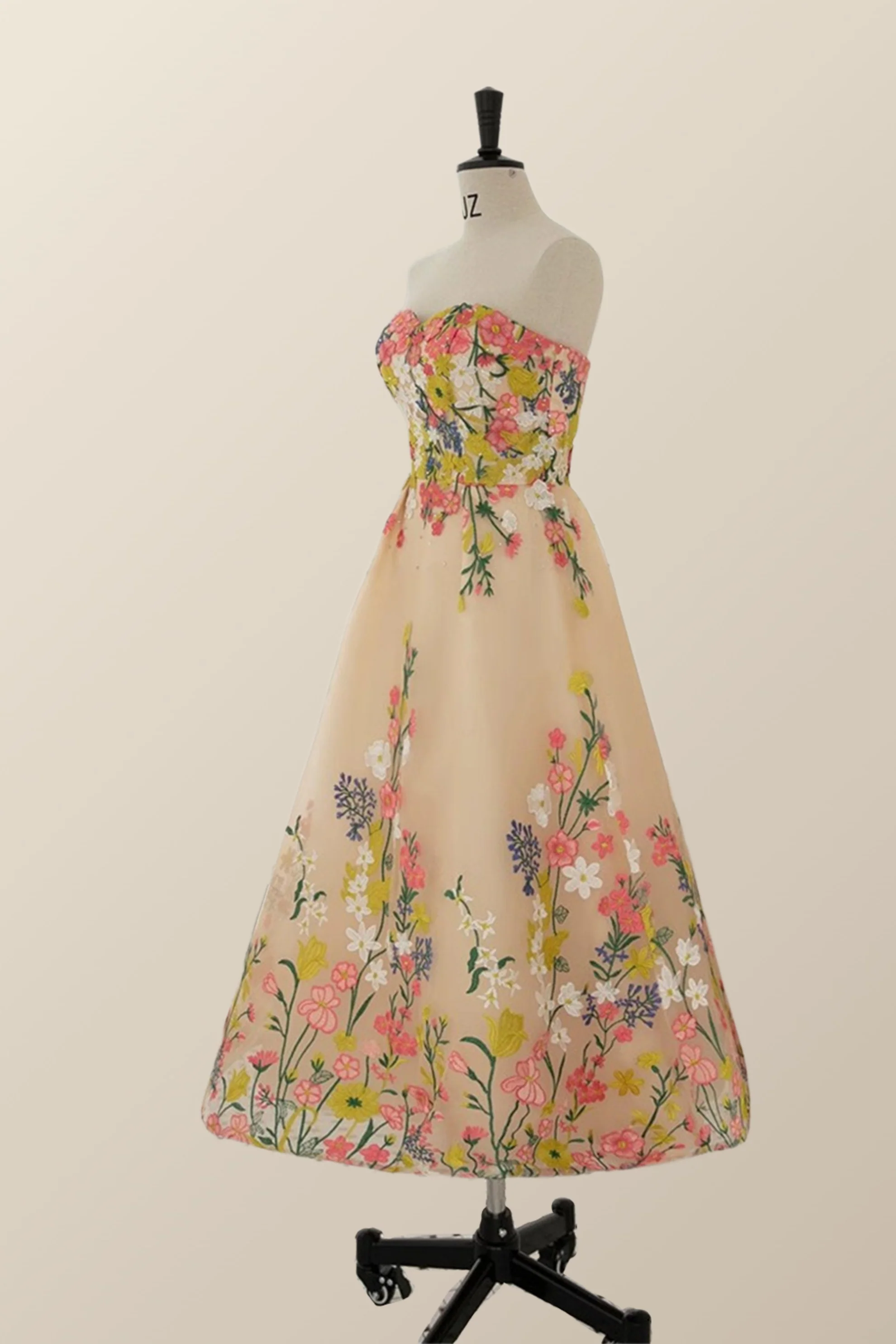 Strapless Champagne Floral A-line Tea Length Dress - Image 3