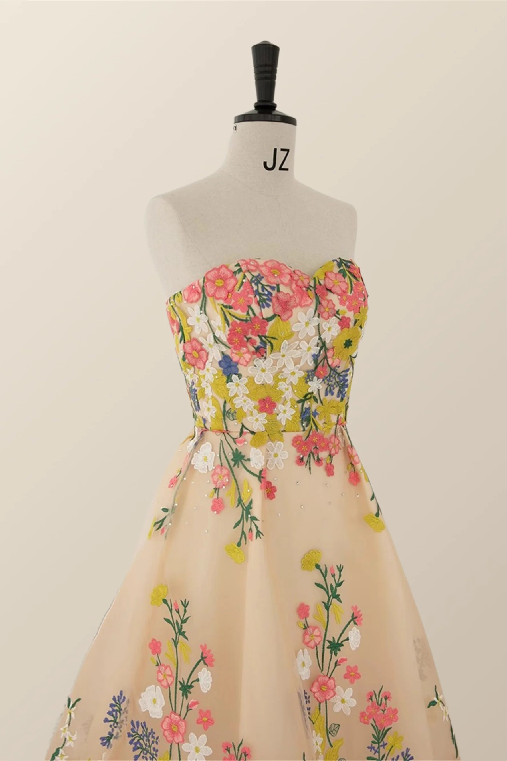 Strapless Champagne Floral A-line Tea Length Dress - Image 4