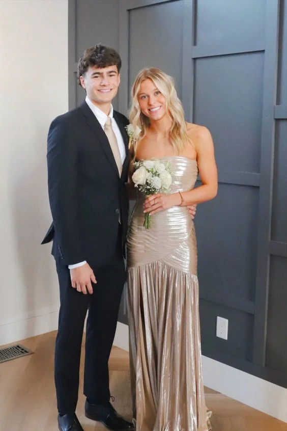 Strapless Champagne Pleated Fitted Long Prom Dress - Image 2