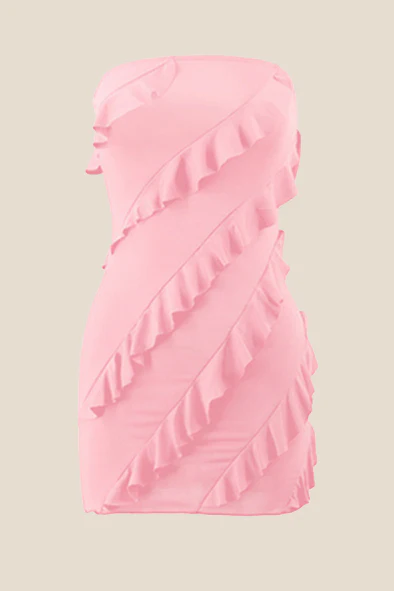 Strapless Pink Ruffled Bodycon Short Dress