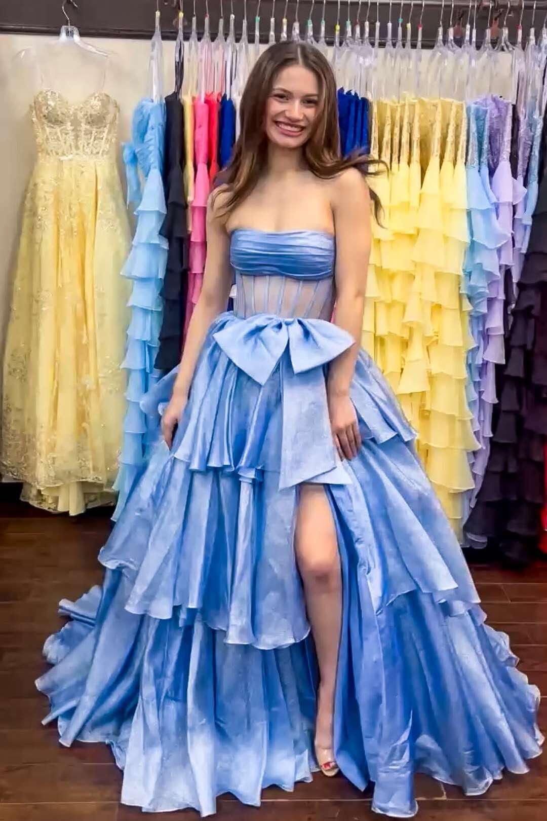 Strapless Blue Tiered Long Dress with bow - Image 10