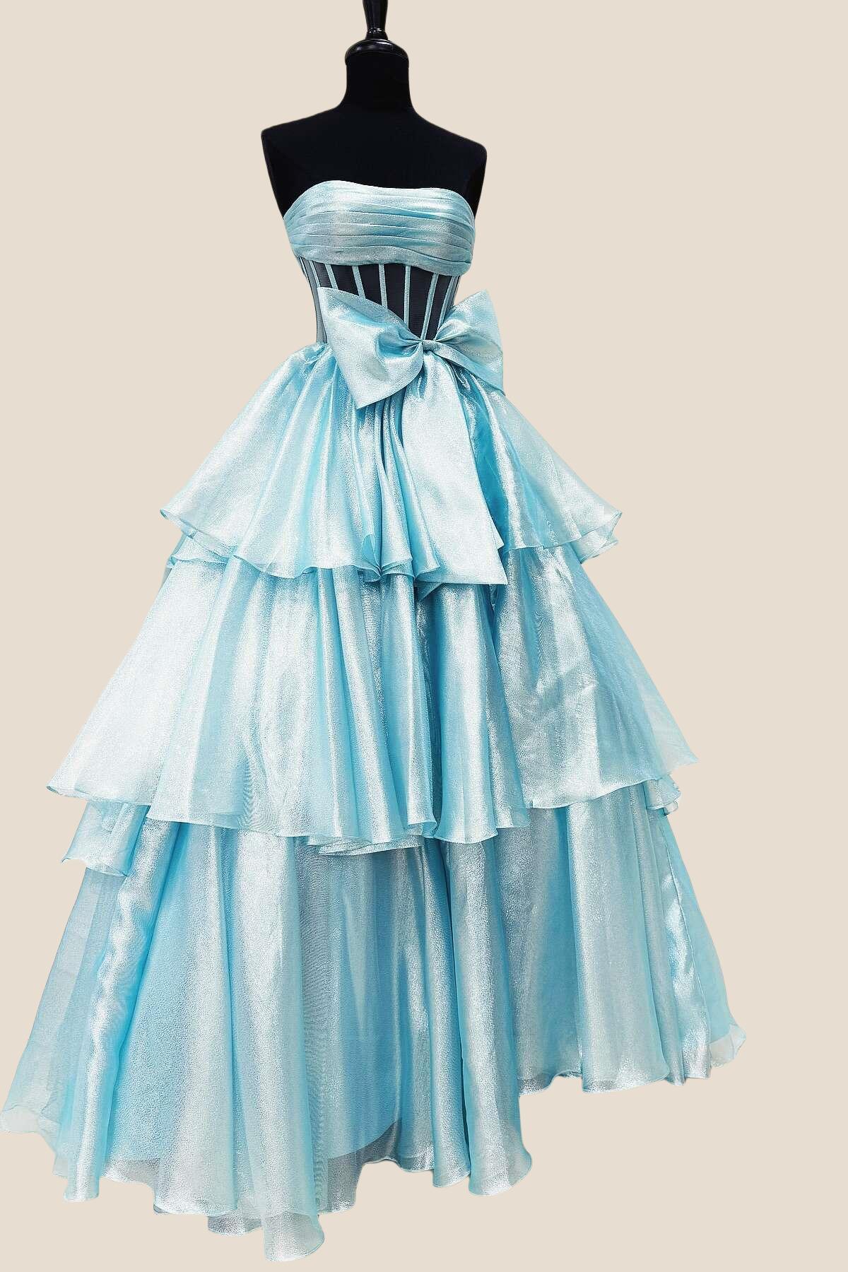 Strapless Blue Tiered Long Dress with bow - Image 11