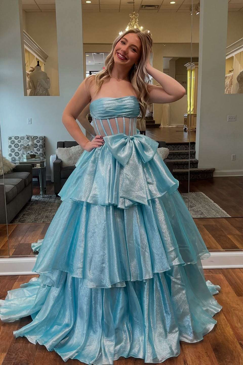 Strapless Blue Tiered Long Dress with bow - Image 6