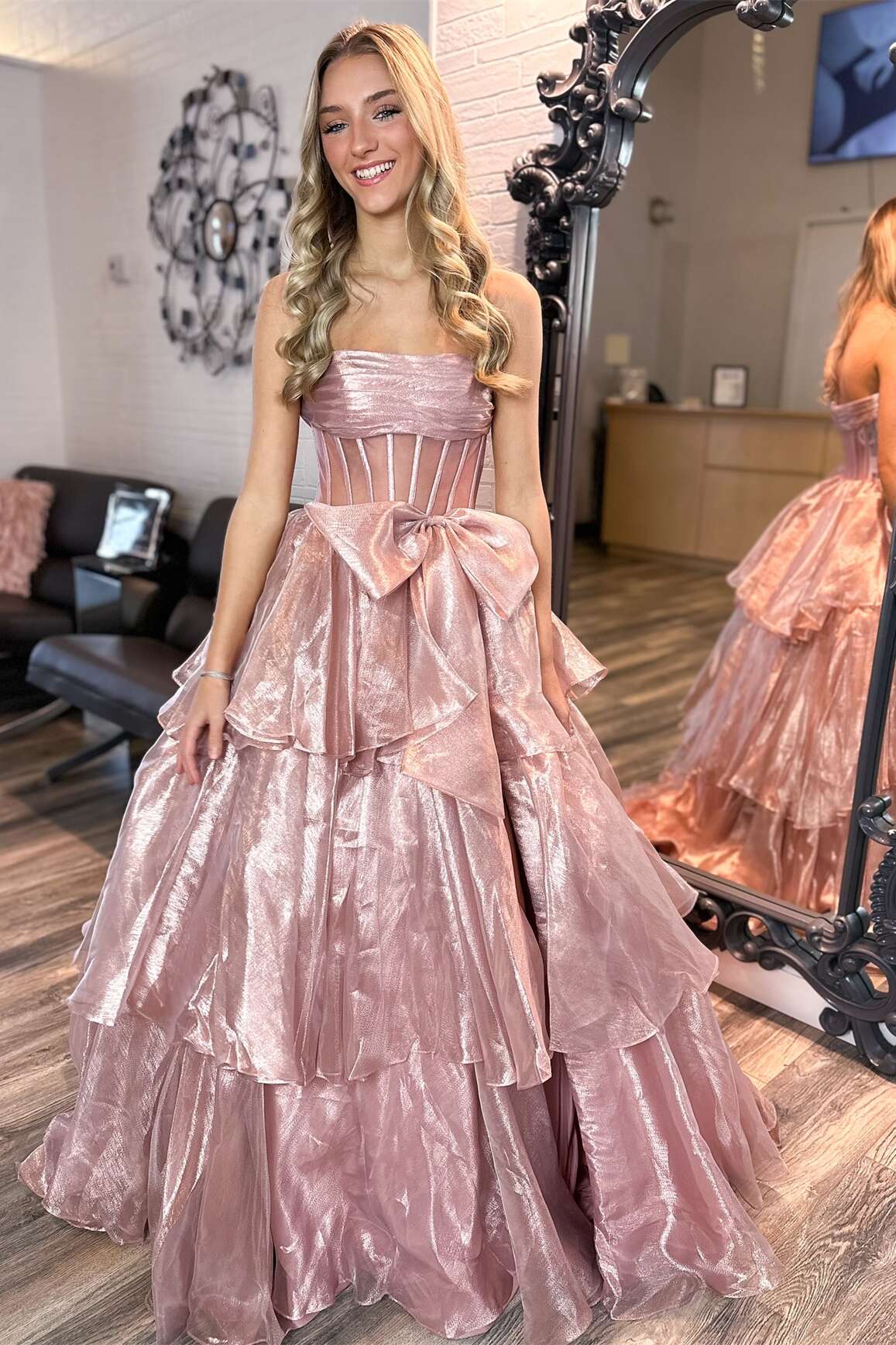 Strapless Blue Tiered Long Dress with bow - Image 8