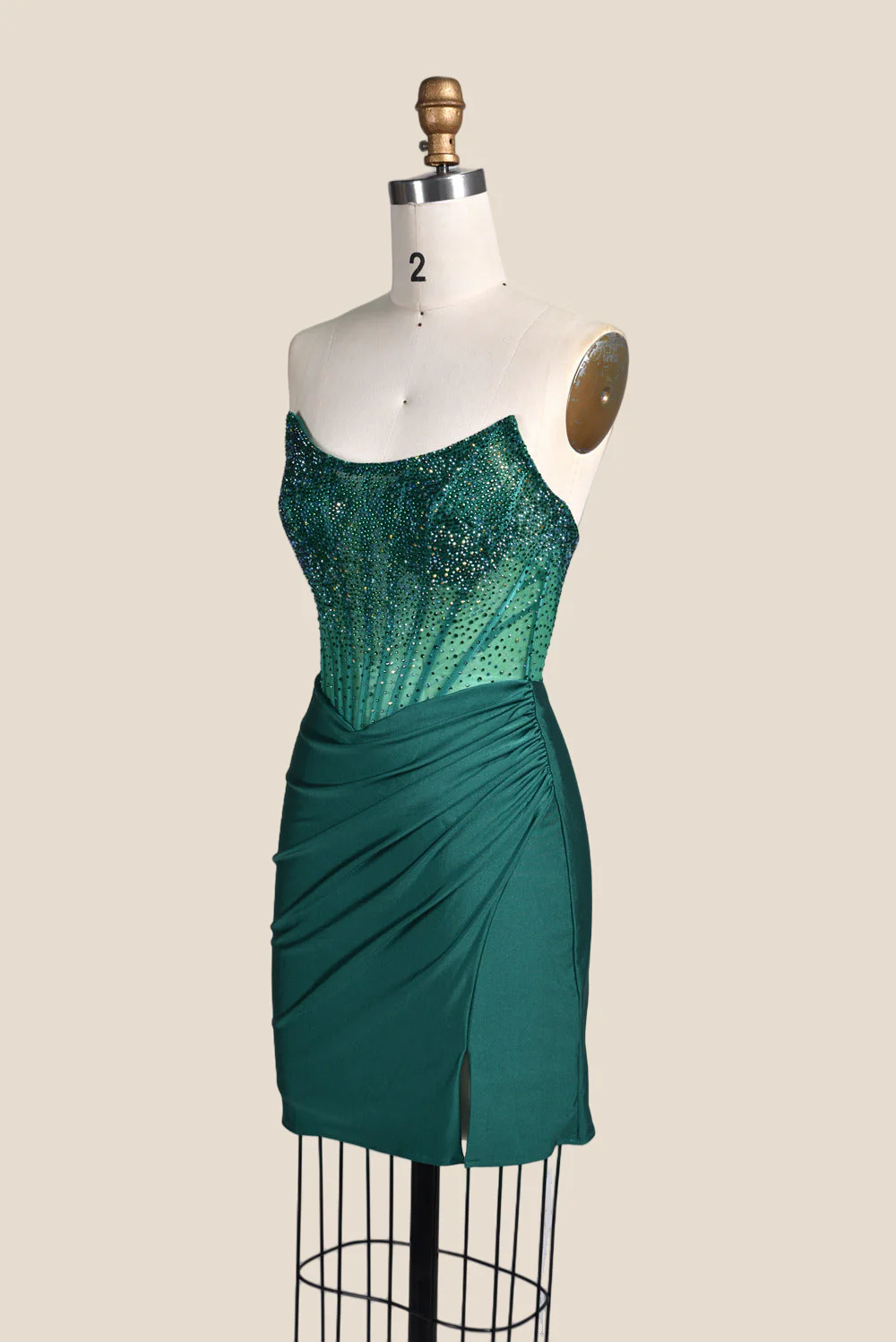 Strapless Emerald Green Beaded Tight Short Dress - Image 3