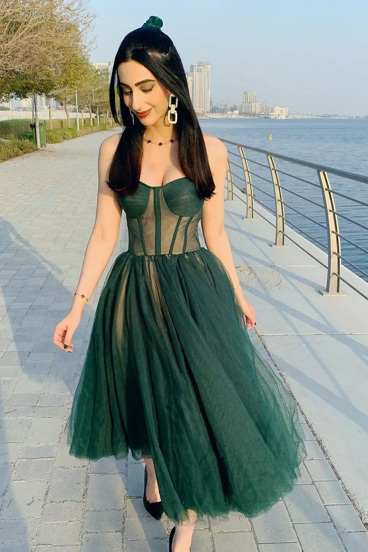 Sweetheart Emerald Green Tulle A-line Midi Dress - Image 3
