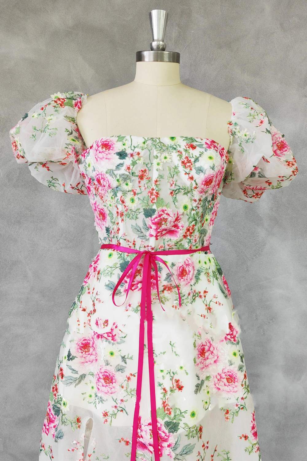 Strapless Floral Embroidery Long Dress with Short Sleeves - Image 3