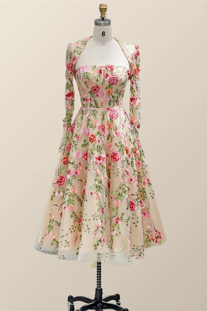 Strapless Floral Tea Length Dress with Jacket