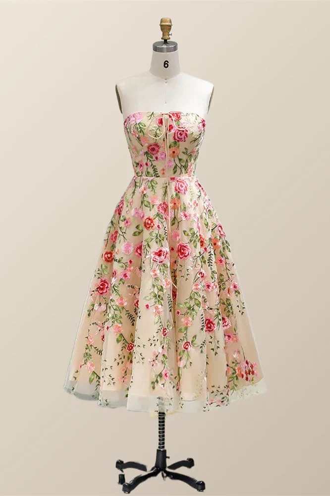 Strapless Floral Tea Length Dress with Jacket - Image 5