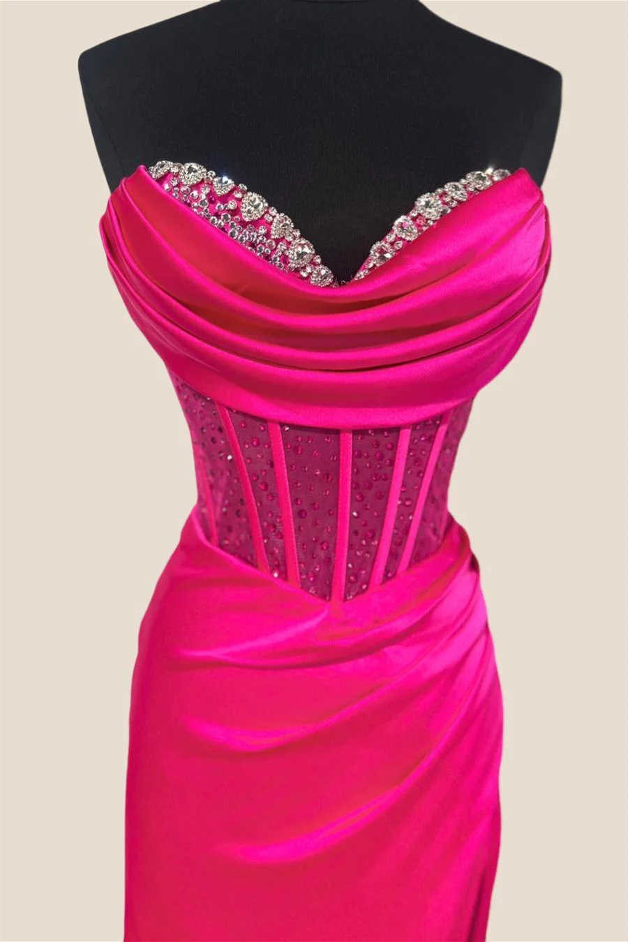 Strapless Fuchsia Beaded Long Dress with Slit - Image 2